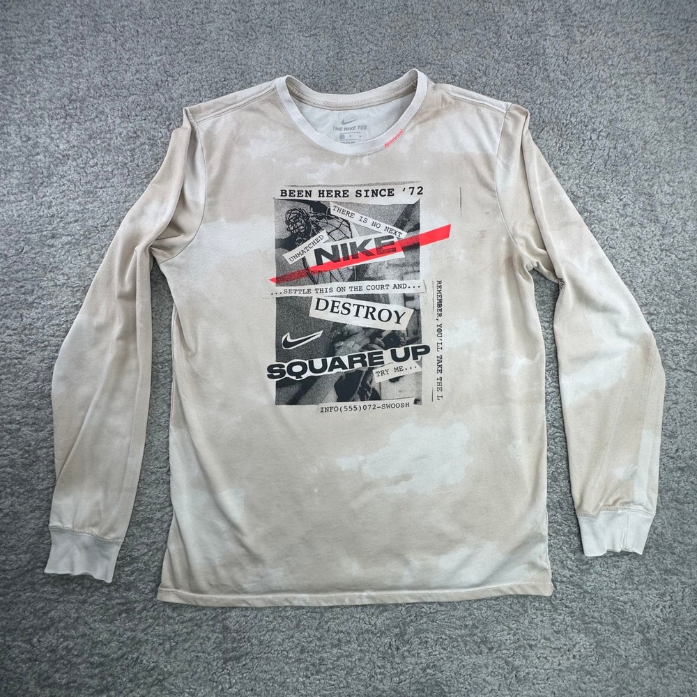 Nike Athletic Dri-Fit Graphic Long Sleeve Shirt Men's Size L Tan Bleached Effect